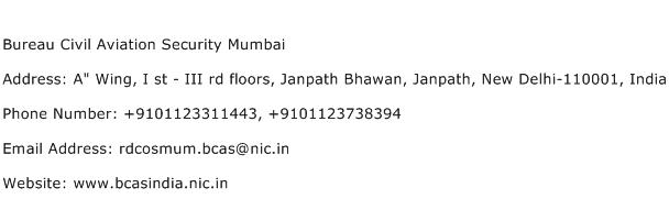 Bureau Civil Aviation Security Mumbai Address Contact Number