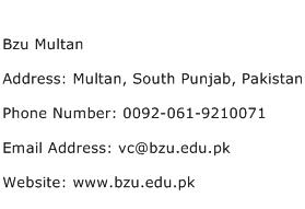 Bzu Multan Address Contact Number