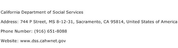 California Department of Social Services Address Contact Number