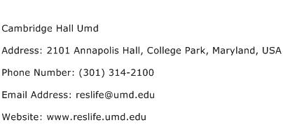 Cambridge Hall Umd Address Contact Number
