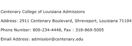Centenary College of Louisiana Admissions Address Contact Number