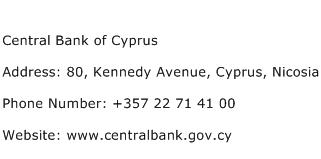 Central Bank of Cyprus Address Contact Number