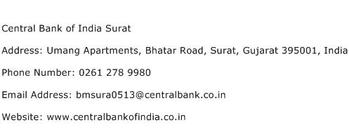 Central Bank of India Surat Address Contact Number