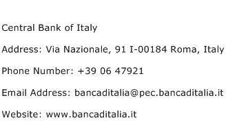 Central Bank of Italy Address Contact Number