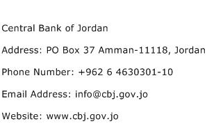 Central Bank of Jordan Address Contact Number