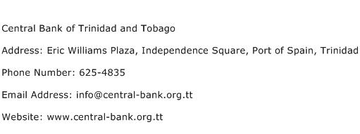 Central Bank of Trinidad and Tobago Address Contact Number