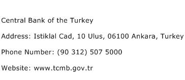 Central Bank of the Turkey Address Contact Number