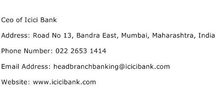 Ceo of Icici Bank Address Contact Number