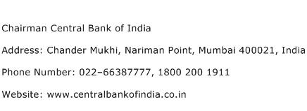 Chairman Central Bank of India Address Contact Number