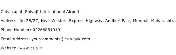 Chhatrapati Shivaji International Airport Address Contact Number