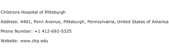 Childrens Hospital of Pittsburgh Address Contact Number