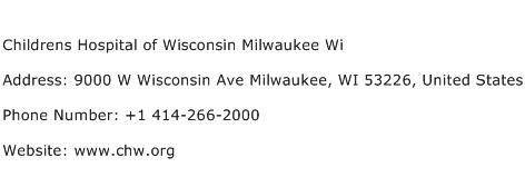 Childrens Hospital of Wisconsin Milwaukee Wi Address Contact Number