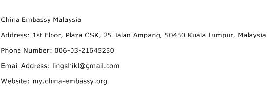 China Embassy Malaysia Address Contact Number