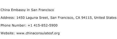 China Embassy in San Francisco Address Contact Number