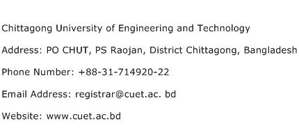 Chittagong University of Engineering and Technology Address Contact Number