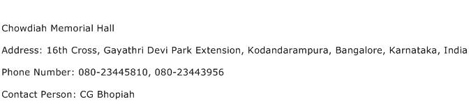 Chowdiah Memorial Hall Address Contact Number