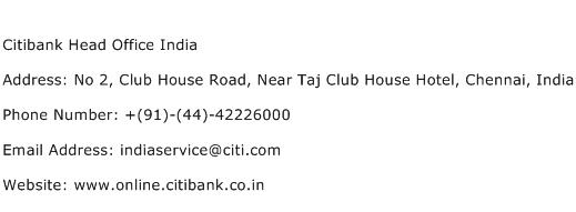 Citibank Head Office India Address Contact Number