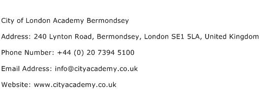 City of London Academy Bermondsey Address Contact Number