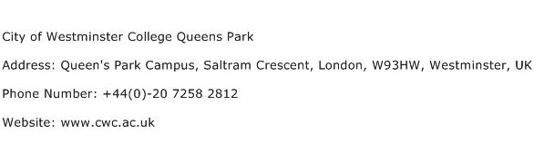 City of Westminster College Queens Park Address Contact Number
