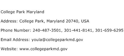 College Park Maryland Address Contact Number