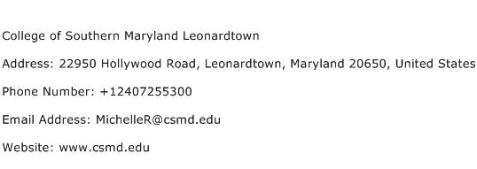 College of Southern Maryland Leonardtown Address Contact Number