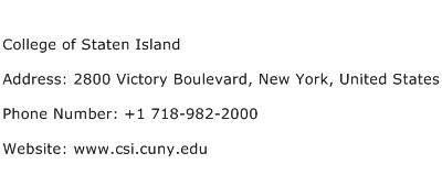 College of Staten Island Address Contact Number