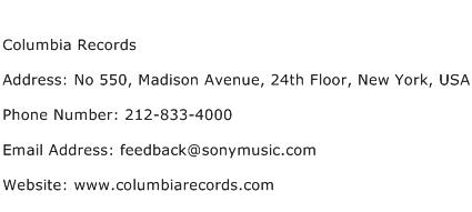 Columbia Records Address Contact Number