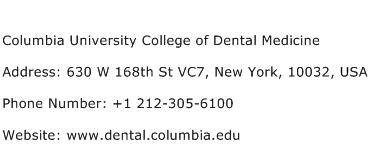 Columbia University College of Dental Medicine Address Contact Number