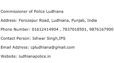 Commissioner of Police Ludhiana Address Contact Number