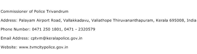 Commissioner of Police Trivandrum Address Contact Number
