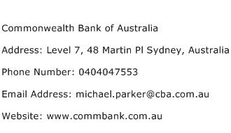 Commonwealth Bank of Australia Address Contact Number