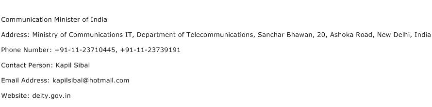 Communication Minister of India Address Contact Number