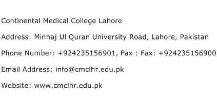 Continental Medical College Lahore Address Contact Number