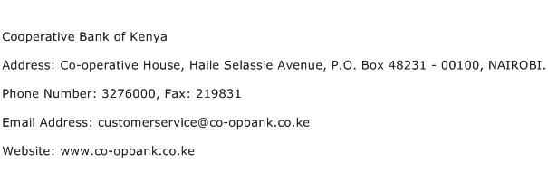 Cooperative Bank of Kenya Address Contact Number