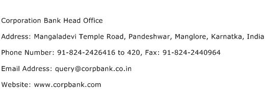 Corporation Bank Head Office Address Contact Number