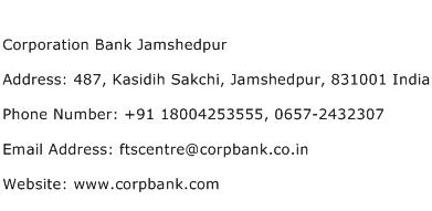 Corporation Bank Jamshedpur Address Contact Number