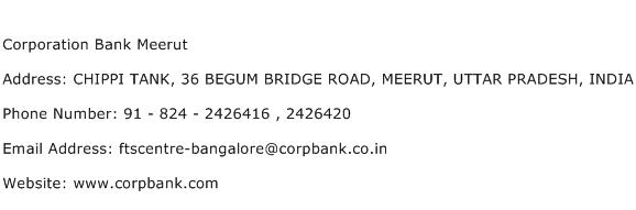 Corporation Bank Meerut Address Contact Number