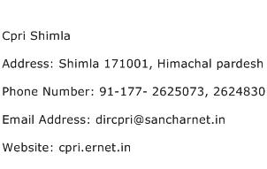 Cpri Shimla Address Contact Number