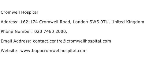 Cromwell Hospital Address Contact Number