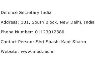 Defence Secretary India Address Contact Number