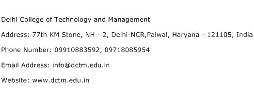 Delhi College of Technology and Management Address Contact Number