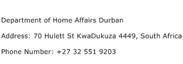 Department of Home Affairs Durban Address Contact Number
