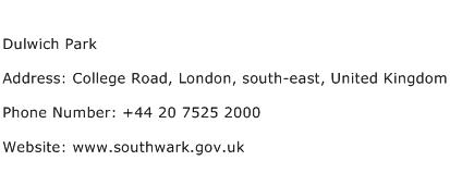 Dulwich Park Address Contact Number