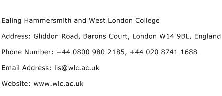 Ealing Hammersmith and West London College Address Contact Number