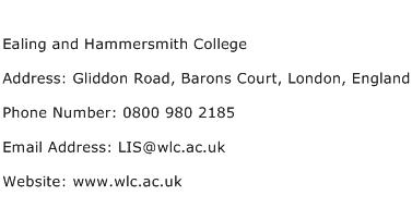 Ealing and Hammersmith College Address Contact Number