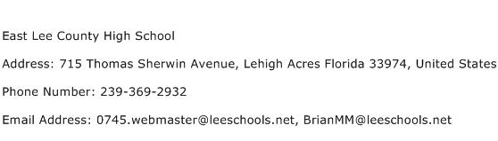 East Lee County High School Address Contact Number