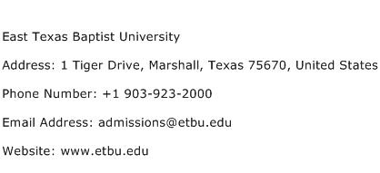 East Texas Baptist University Address Contact Number