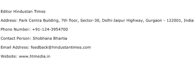 Editor Hindustan Times Address Contact Number