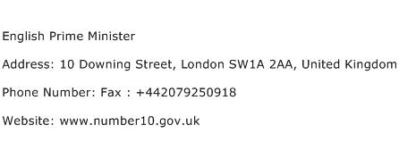 English Prime Minister Address Contact Number