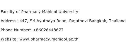 Faculty of Pharmacy Mahidol University Address Contact Number